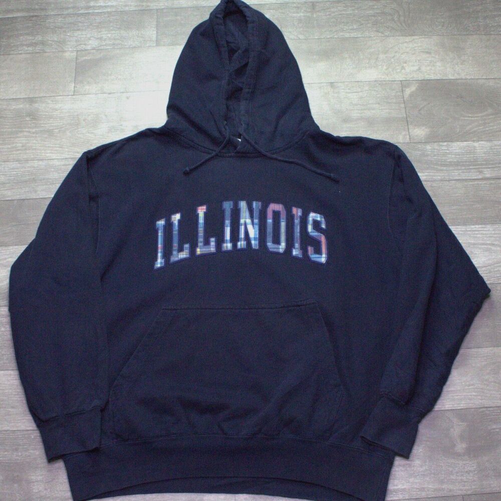 Vintage Illinois Hoodie Large MV Sport Plaid Letter Pullover Y2K
